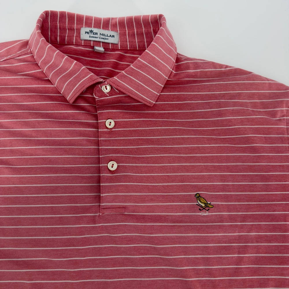 Peter Millar Summer Comfort Mens Large Pink Striped Polo Shirt Short Sleeve Bird
